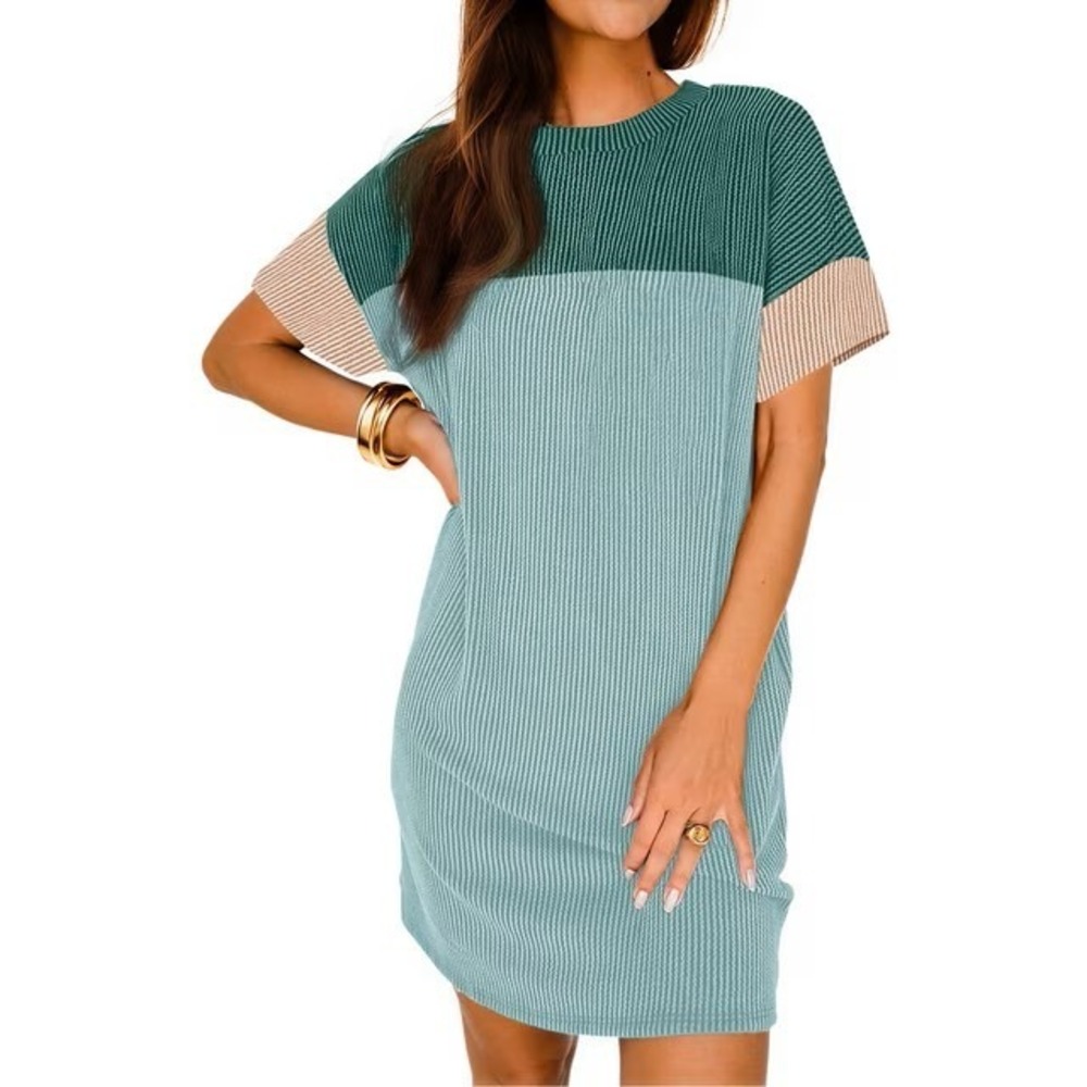 Fantaslook Womens Colorblock Ribbed Short Sleeve Pocket Dress Green Blue M